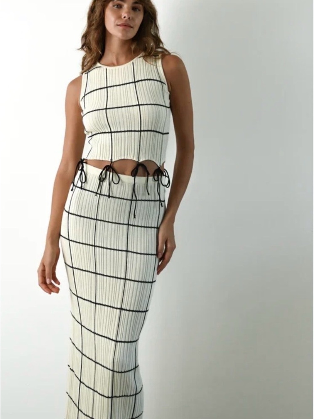 Yellow The Label Windowpane Ribbed Maxi Skirt in Cream and Black